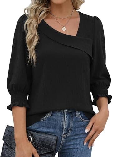 Funlingo 3/4 Length Sleeve Womens Tops Business Dressy Casual Blouses Asymmetric Square Neck Tunic Work Shirts Spring Office Outfits 2026 Black M - Image 1
