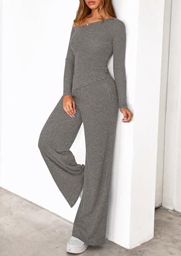 PRETTYGARDEN Fall Two Piece Sets For Women 2026 Off Shoulder Tops Long Pants Knit Matching Lounge Set Airport Travel Outfits(Grey,XX-Large) - Thumbnail 6