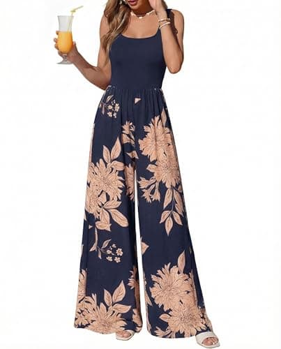 KIRUNDO Jumpsuits for Women Dressy 2026 Summer One Piece Sleeveless Boho Floral Wide Leg Romper Beach Vacation Cruise Outfits(Navy Blue, XX-Large) - Image 1
