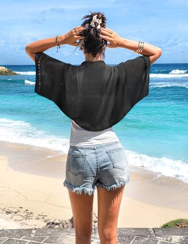 BB&KK Women's 2026 Lightweight Summer Cardigan 3/4 Batwing Sleeve Crochet Shrug Casual Hollowed-Out Knit Cropped Sweater Tops Black - Thumbnail 3