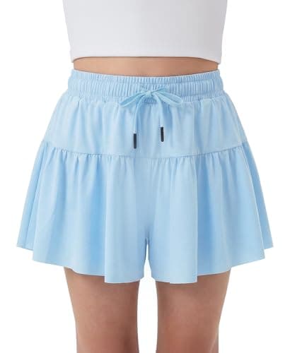 Stelle Girls Athletic Shorts Flowy 2 in 1 Butterfly Short Running Soccer Tennis Sports Shorts with Pocket,Light Blue,6-7 Years - Image 1