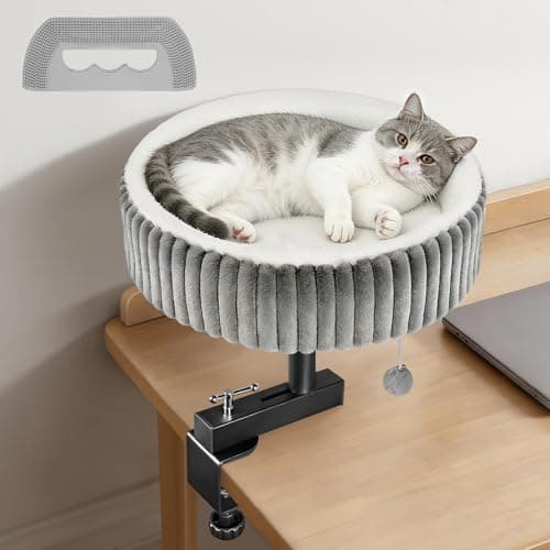 TNELTUEB Cat Desk Bed - 360° Rotating,Clamp On Cat Bed for Desks, Adjustable High Support Up to80 lbs for Office, Game Table, Island Tables, Desktop Attachment Hammock Grey