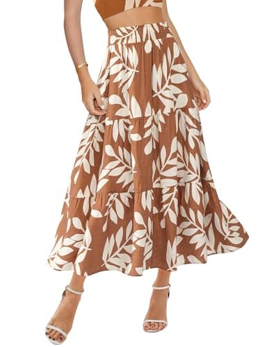 BTFBM Skirts for Women Floral Print Fall Fashion 2026 A Line Elastic High Waist Boho Holiday Maxi Skirt Pockets(Floral Khaki, XX-Large) - Image 1