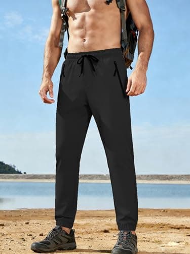 Mens Hiking Pants Joggers Sweatpants with Pockets Water Resistant Quick Dry Lightweight UPF 50+ Cargo Elastic Waist Drawstring Casual Work Athletic Jogging Black L - Thumbnail 3