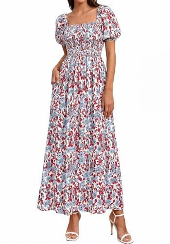 BTFBM Spring Summer Dresses for Women 2026 Puff Short Sleeve Smocked Floral Print Boho Beach Wedding Guest Maxi Dress(Floral Beige Multi, Medium)