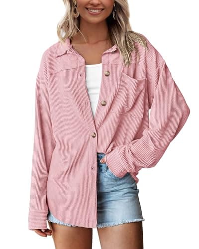PRETTYGARDEN Women's Button Down Shirts 2026 Spring Long Sleeve Textured Tops Oversized Shacket Jacket Knit Blouses(Light Pink,Large) - Image 1