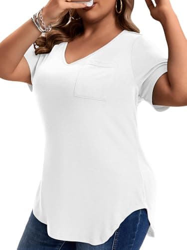 MK Shop Limited Plus Size T Shirts for Women Loose Short Sleeve V Neck Side Slit Curved Hem Sexy Summer Tops Casual Tees White 5XL - Image 1