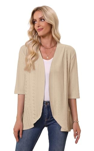 Askyes Lightweight Summer Cardigan for Women Spring Netted Knit Ruffle Half Sleeve Kimono Cover Ups Cardigans,Light Khaki,L - Thumbnail 4
