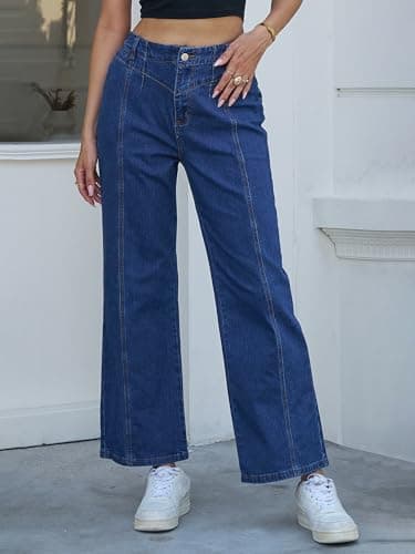 PEIHOT Wide Leg Jeans for Women High Waisted Straight Leg Stretchy Jeans Seamed Paneling Denim Pants Fall Dark Blue - Thumbnail 3