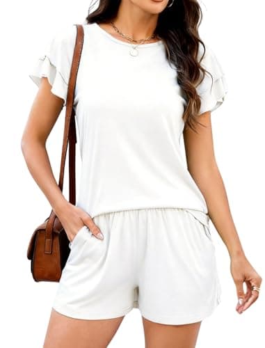 Leikar Womens Ruffle Sleeve Pajama Sets Soft Cotton Blend Pajamas Sets Sleepwear Shorts Lounge Set White - Image 1