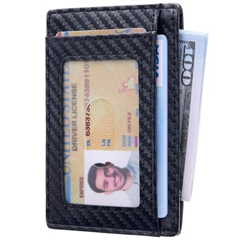Travelambo Slim Wallet Front Pocket Minimalist Leather RFID Blocking Medium Size (Carbon Fiber Black) - Thumbnail 2