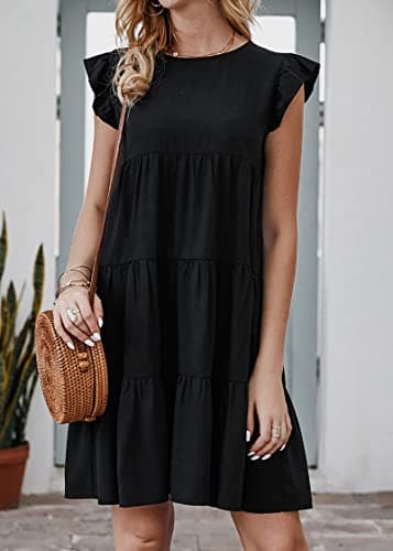 KIRUNDO Womens Dresses Summer Casual Sleeveless Ruffle Sleeve Round Neck Black Loose Short Flowy Pleated Mini Babydoll Dress(Black, X-Large) - Thumbnail 3