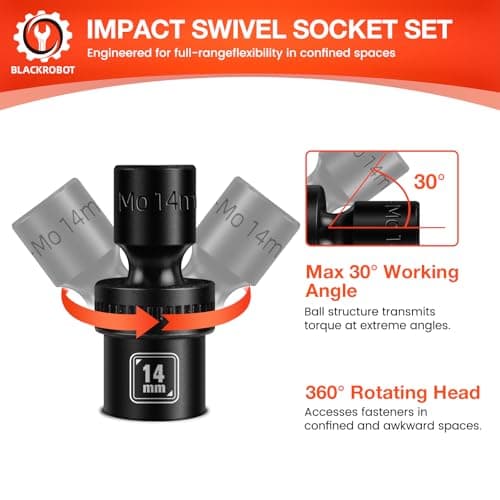 BLACKROBOT 3/8" Drive Shallow Universal Impact Socket Set, 12PCS 6 Point Metric Swivel Socket set(10-22mm), CR-MO Steel, Includes Storage Rail - Thumbnail 3