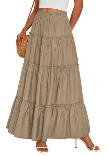PRETTYGARDEN Boho Maxi Skirts for Women Trendy Summer 2026 Spring Long Flowy A Line Tiered Skirt Beach Vacation Clothes Dress (Khaki,Small) - Image 1