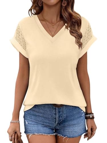 Bliwov Womens Summer Tops V Neck Lace Short Sleeve T Shirts Dressy Casual Business Outfits 2026 Spring Fashion Tee Clothes Apricot - Image 1