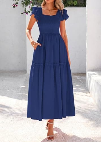 KIRUNDO Smocked Summer Dresses for Women 2026 Wedding Guest Midi Flowy Ruffle Short Sleeve Square Neck Tiered Sundress(Dark Blue, X-Large) - Thumbnail 3