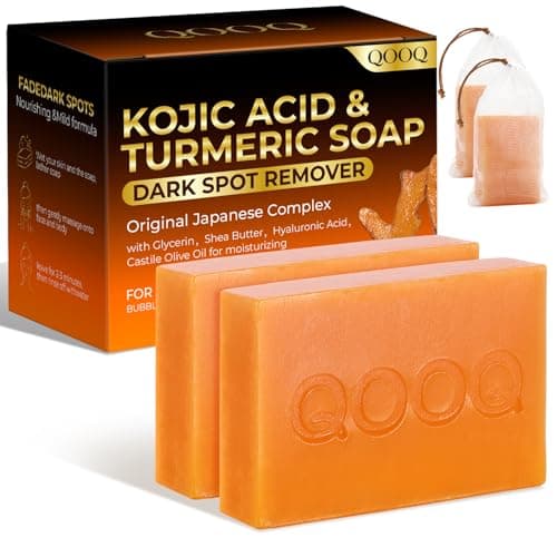 QOOQ Turmeric Kojic Acid Soap for Dark Spots Remover – Facial Cleansing Bar with Vitamin C, Retinol, Collagen, Vitamin E, Glycerin, Shea Butter & Castile Olive Oil – Soap for Women & Men (120g x 2)