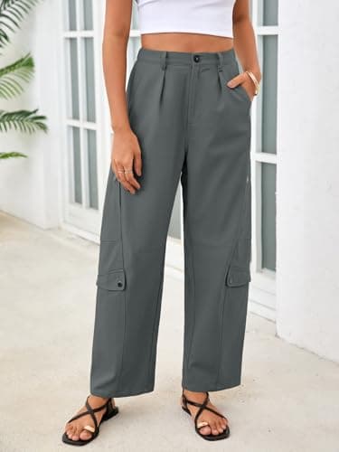 Aoysky Womens Wide Leg Barrel Pants Elastic High Waisted Casual 100% Cotton Utility Trousers with Pockets Loose Fit Grey - Thumbnail 2