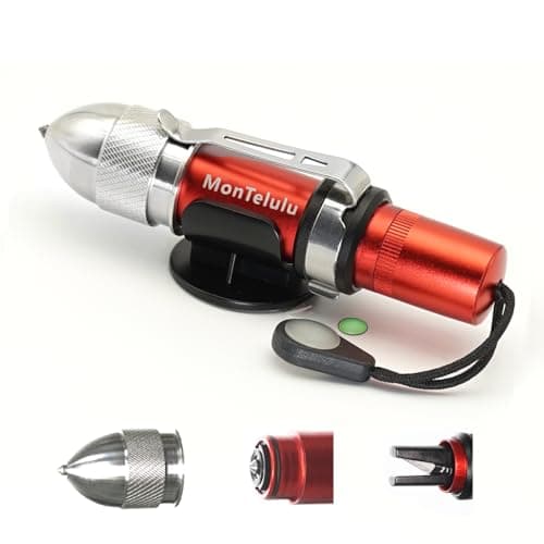 MonTelulu 4-in-1 Car Emergency Escape Tool, Spring-Loaded Window Breaker & Seatbelt Cutter with Tungsten Steel Hammerhead, Anti-Slip Luminous Design, with Practice Glass & Visor Clip (Red 1 Pack) - Image 1