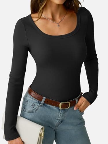 GKBK Women's Long Sleeve Tops Scoop Neck Ribbed Knit Slim Fitted Shirts Casual Basic Tee Shirts Lightweight Fall Sweaters 2025 Fashion Trendy Outfits Black - Thumbnail 2