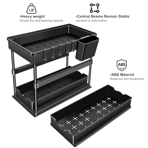 JPart Under Sink Organizer, Kitchen Organizers and Storage, 2-Tier Bathroom Cabinet Organizer with Sliding Drawers, Thickened Construction with Hooks Hanging Cup for Kitchen & Bathroom, 2 Pack - Thumbnail 2