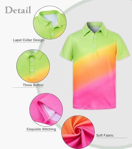 uideazone Boys Polo Shirt Orange Pink Gradient Golf Shirts Dry Fit Performance Polos Neon Color Collared Tops Size 5-6 - Thumbnail 4