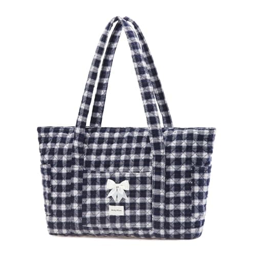 Molly Moon Tote Bag for Women, Quilted Plaid Tote Bag with Zipper, Quilted Cotton Shoulder Bag for Women, Lightweight Blue Plaid bag for College, Travel, Daily, Women's Gifts for Sister Teachers - Image 1