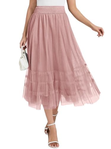Casly Lamiit Tulle Midi Skirt Flowy Tiered A-Line Swing Skirts Elastic High Waist Maxi Skirts Summer Casual Skirt Pink S - Image 1