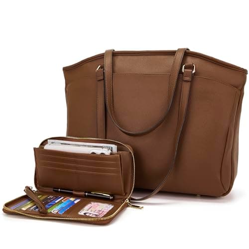 YZAOLL 15.6 Inch Laptop Tote Bag for Women,Water-resistant Vegan Leather with Anti-Scratch Padded Sleeve,Lightweight Multi-Pocket Work Bag for Business Travel,College,Office Essentials,DarkBrown - Image 1