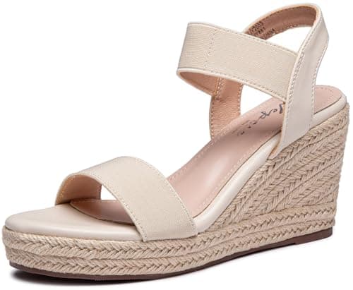 Vepose Women's Nude Wedge Sandals, Platform Espadrilles Slip On Open Toe with Elastic Ankle Strap, Comfortable 3.5 Inches Low Heel Summer Dressy 881 Shoes Size 8.5 (CJY881 Nude 08.5) - Image 1