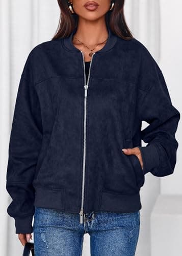 Lazysmile Women's Faux Suede Bomber Jackets Fall Fashion Outfits Winter Clothes Stand Collar Zip Up Coats Outwear - Thumbnail 5