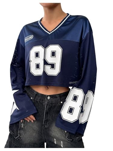 Milumia Women's Jersey Shirts Y2k Number Print Long Bell Sleeve Crop Tops Football Jersey Deep Blue Small - Image 1