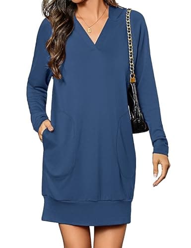 Totatuit Women Pullover Oversized Sweatshirt Dress Long Sleeve V-Neck Hoodies Dress with Pockets Plain Sweatshirt Basic Fall Outfits Dark Blue L - Image 1