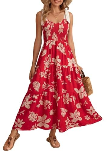 Dokotoo Floral Dress for Women Summer Maxi Long Dress Beach Trendy Outfits 2026 Spaghetti Strap Tiered Vacation Cruise Outfits,Red-Floral Small - Image 1