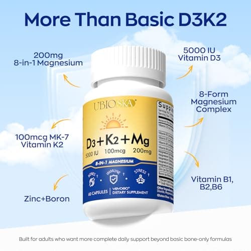 UBIOSKA Vitamin D3 K2 Magnesium Supplement – 5000 IU D3 + MK-7 K2 with 8-Form Magnesium (Glycinate, Taurate, Malate) for Calm Sleep, Stress Relief, Mood Balance & Strong Bones – 60 Capsules - Thumbnail 3