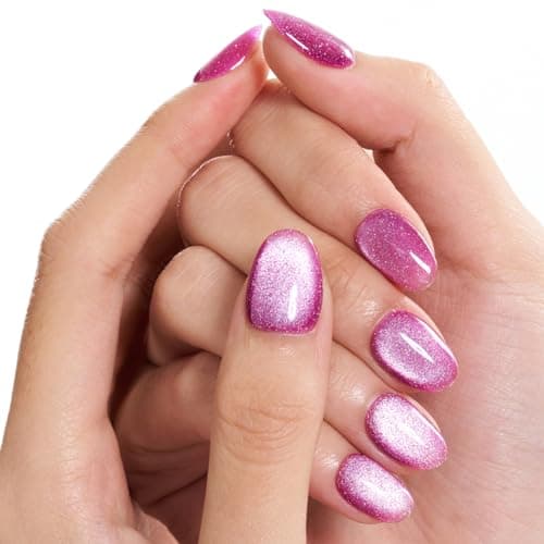 GLAMERMAID Press on Nails Short Oval, Light Purple Cat Eyes Handmade Fall Gel Glue on Nails, 24Pcs Glossy Round Reusable UV Finish Fake Nails Acrylic False Nails Manicure Kits for Women - Thumbnail 4
