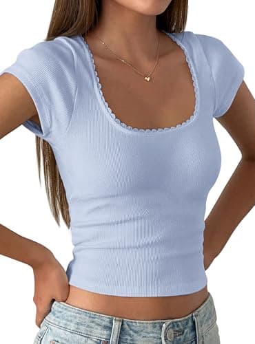 PRETTYGARDEN Women's Short Sleeve Tops 2026 Summer Lace Trim Square Neck Slim Fitted Going Out Basic Tee Shirts Y2K Clothes (Light Blue,X-Large) - Image 1