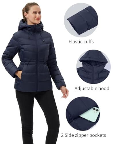 Pioneer Camp Quilted Puffer Jacket for Women Lightweight Water Resistant Hoodies Warm Winter Jacket Filled with Down, Navy, M - Thumbnail 5