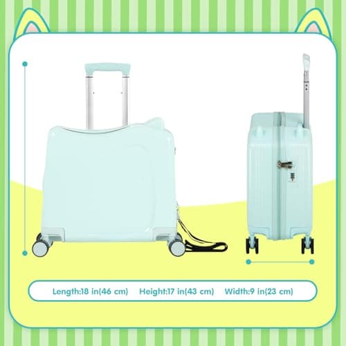 smilesun 20" Ride-On Travel Suitcase for Kids, Cute Ear Toddler Carry on Luggage with Spinner Wheels, Children Rolling Trolly Luggage with Combination Lock (Green with Rope) - Thumbnail 4