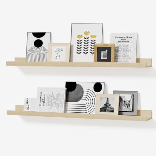 Modcraft 36 Inch Oak Floating Shelves with Lip, Extra Long Wall Mounted Picture Ledge, Large Rustic Farmhouse Wall Shelf for Gallery Wall & Living Room, Display Shelf for Photos Frames Books, Set of 2