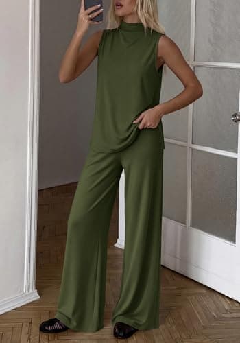 BTFBM Summer 2 Piece Lounge Sets For Women Sleeveless Mock Neck Wide Leg Loose Spring Vacation Airport Travel Outfits(Army Green, X-Large) - Thumbnail 2