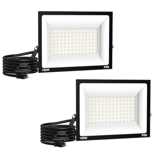 Paideste 100W Flood Light Outdoor: 2 Pack 10000LM Bright LED Plug-in Flood Light, IP66 Waterproof, 100-265V, 6500K Daylight White, Plug-and-Play, Heat Dissipation, Ideal for Yard, Garage, Stadium - Image 1