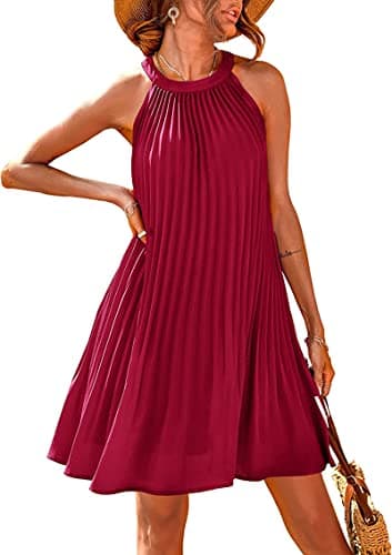 PRETTYGARDEN Summer Mini Halter Dresses for Women 2025 Sleeveless Pleated Short A Line Flowy Beach Wedding Guest Dress(X-Small, Wine Red) - Image 1