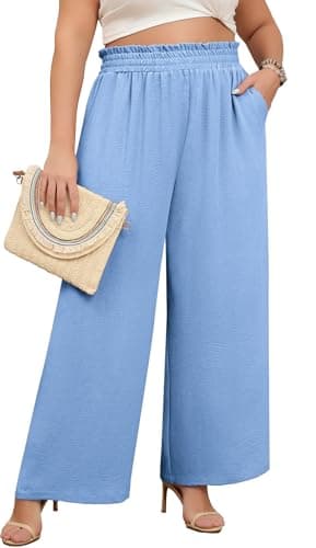 Lastshe Women's Plus Size Business Casual Pants High Waisted Fashion Lounge Dress Pants Straight Wide Leg Long Trousers with Pockets,Blue,4X - Image 1