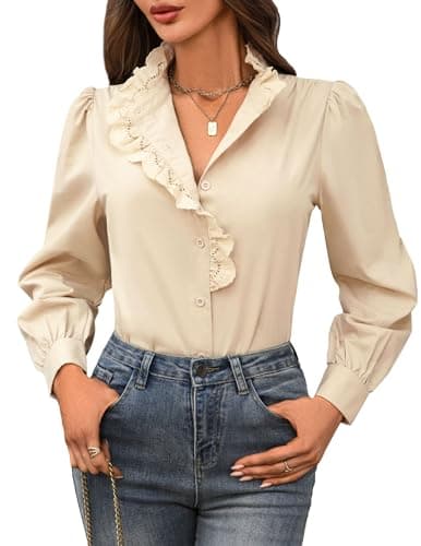 LOOKBOHO Blouses for Women Dressy Casual - Ruffle Mock Neck Button Down Tops Fall Dressy Elegant Solid Retro Shirts for Work, Office, Casual, and Formal Wear Beige Small - Image 1