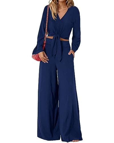 PRETTYGARDEN Women's 2 Piece Outfits 2025 Fall Fashion V Neck Long Sleeve Strappy Crop Top Wide Leg Pant Lounge Sets(Dark Blue,X-Large) - Image 1