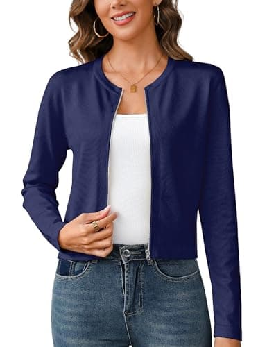 Totatuit Womens Fall Cardigan Sweaters Crewneck Long Sleeve Zip Open Front Knit Sweater Women Oversized Cardigans Navy Blue - Image 1