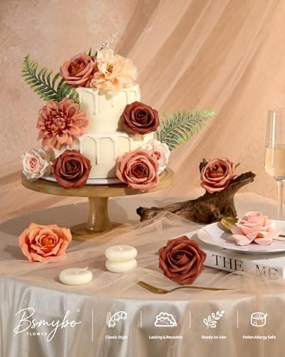 BSMYBO Artificial Flowers Combo Terracotta Flowers Mix Silk Fall Flowers Dahlia Roses with Stems for Wedding Bridal Bouquets, Baby Shower, Floral Arrangement, Table Centerpieces, Home Decorations - Thumbnail 4