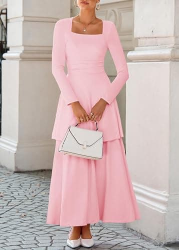 Lazysmile Women's Long Sleeve Fall Dresses Square Neck Ruched Waist Ruffle Hem Flowy Elegant Modest Boho Casual Maxi Dress Pink - Thumbnail 4