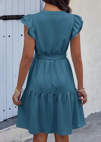KIRUNDO Summer Dresses for Women 2026 Spring Flutter Sleeve V Neck Ruffle Flowy Tiered Knee Length Beach Vacation Sundress(Lake Blue, X-Large) - Thumbnail 2